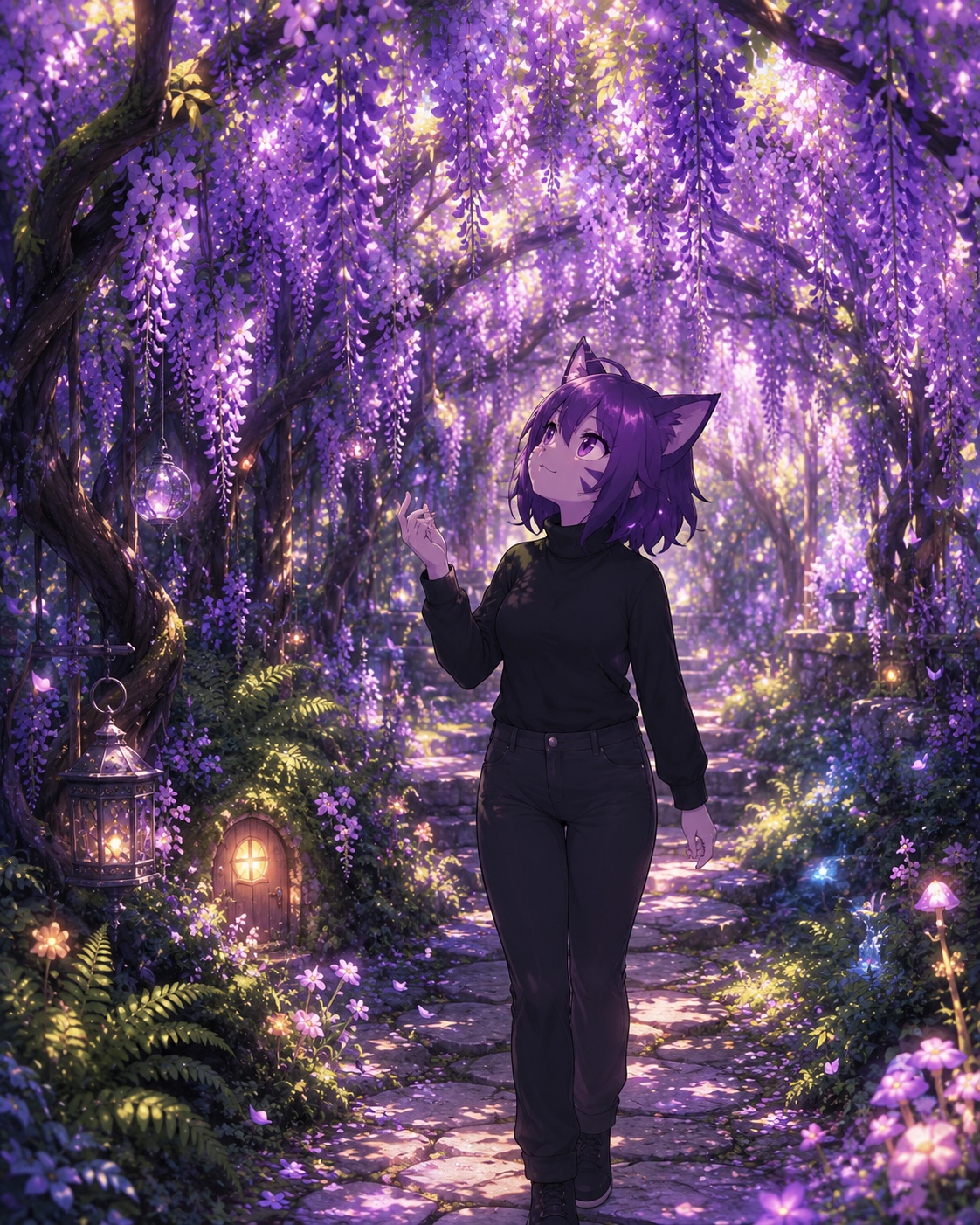 Mimi's purple-haired cat character walking through a lantern-lit wisteria garden